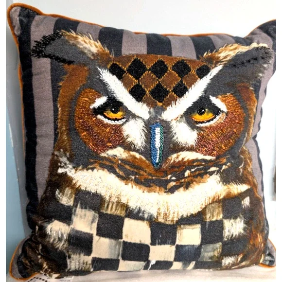 MacKenzie Childs Check Owl Pillow Autumnology 18 x 18 - Picture 4 of 6
